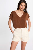 Jumper V-neck short sleeves cognac brown women