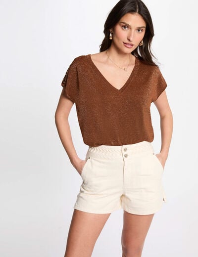 Jumper V-neck short sleeves cognac brown women