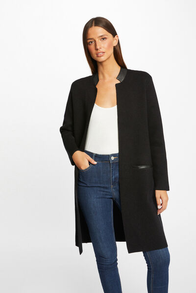 Long straight cardigan faux leather black ladies'