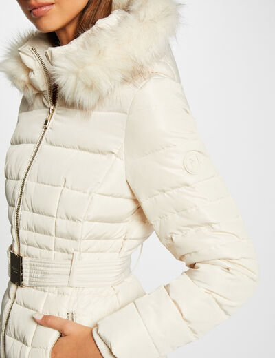 Belted waisted padded jacket with hood ivory ladies'
