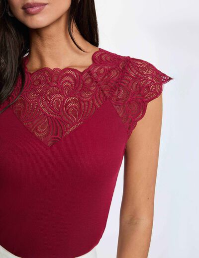 Lace t-shirt with round neck bordeaux women