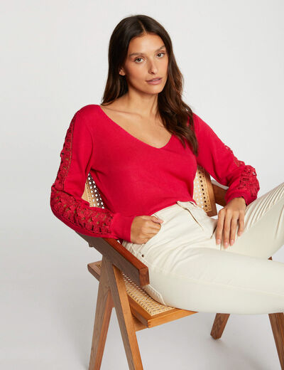 Long-sleeved jumper with lace fuchsia ladies'