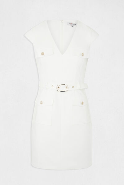 Belted fitted dress with V-neck ecru ladies'