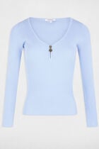Pull manches longues côtelé détail zippé bleu ciel femme