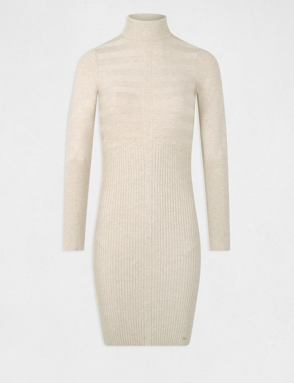 Knitted fitted dress with turtleneck sand women