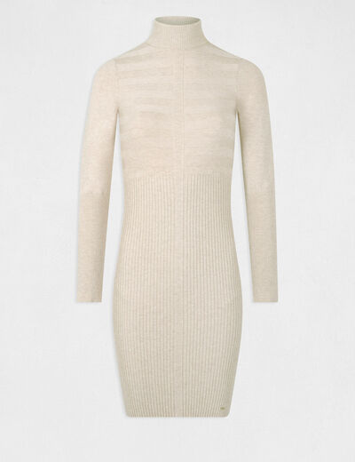 Knitted fitted dress with turtleneck sand women