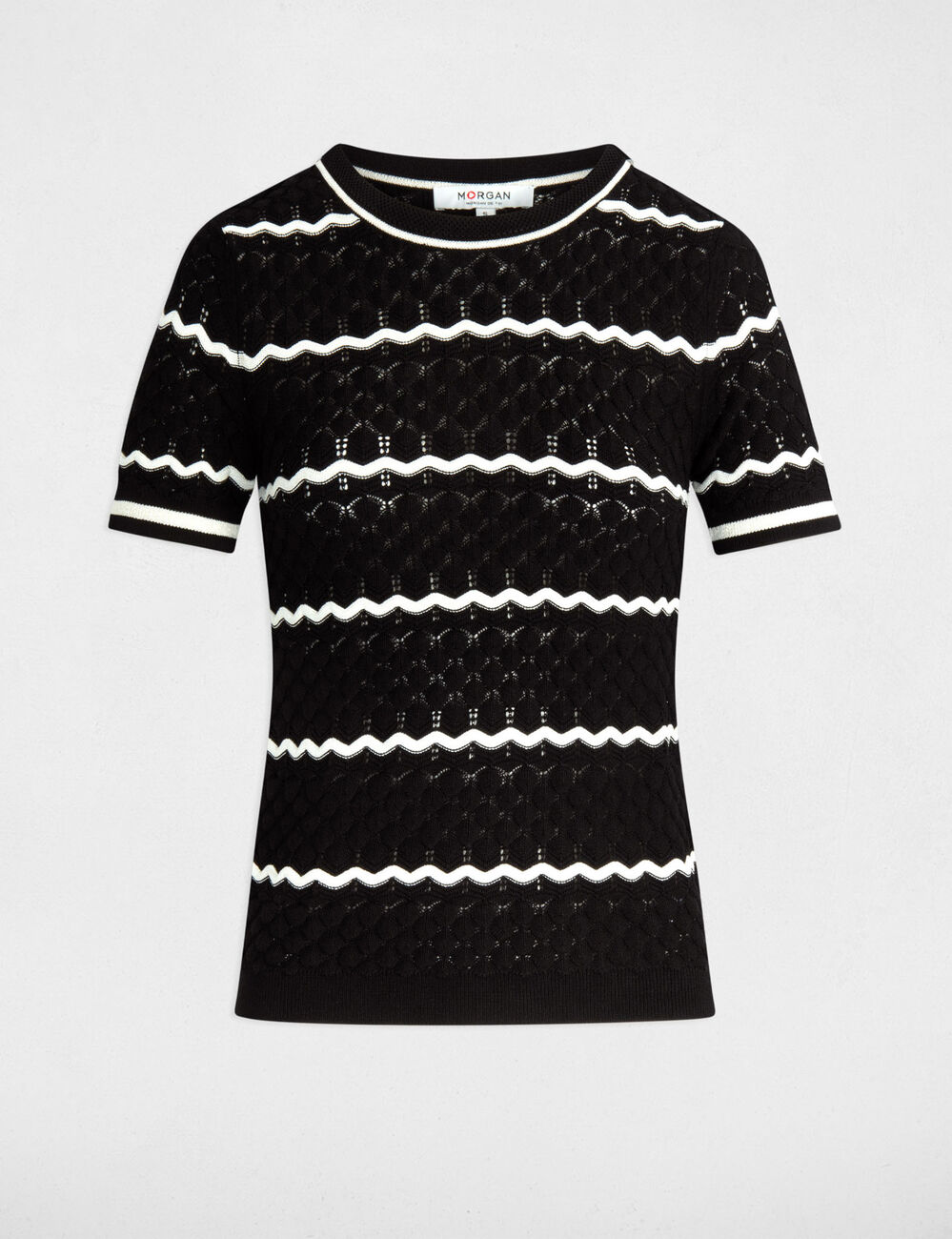 Pull manches courtes rayé noir femme