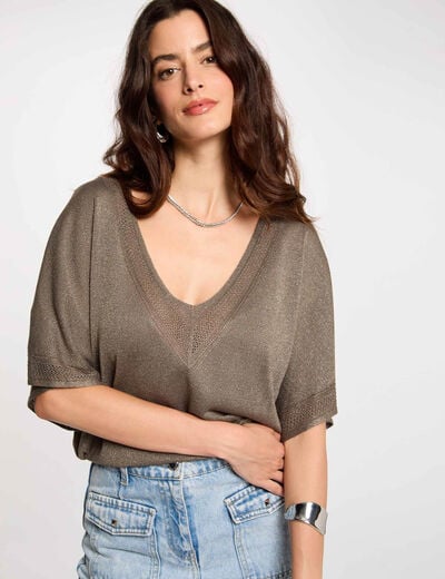 Jumper V-neck short sleeves khaki green women