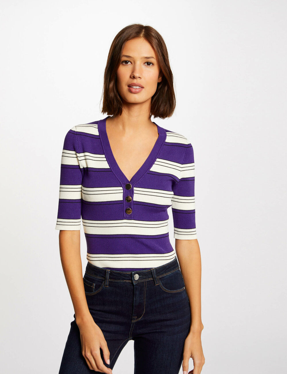 Short-sleeved jumper with stripes purple women