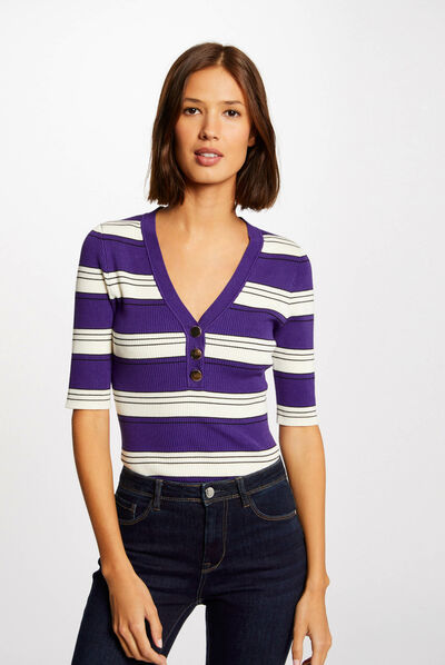 Short-sleeved jumper with stripes purple ladies'