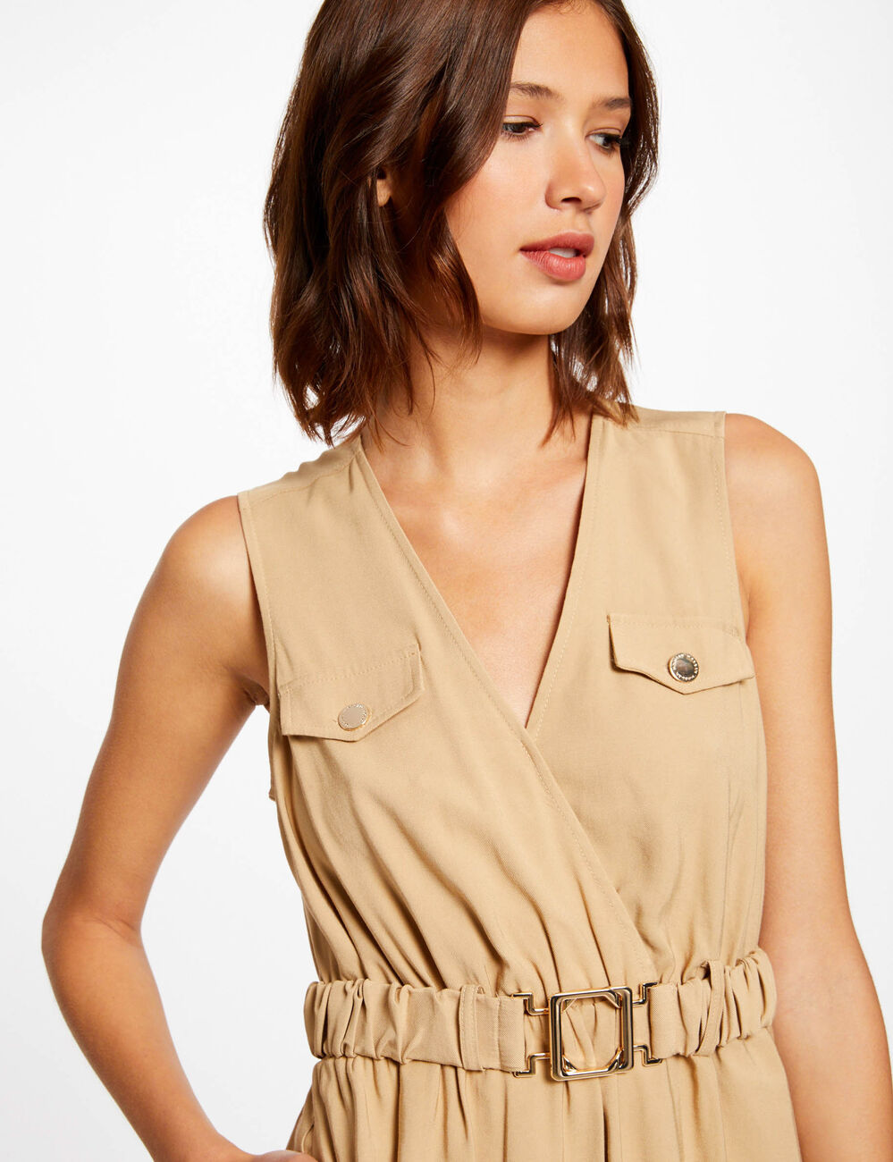 Loose straight belted dress camel women