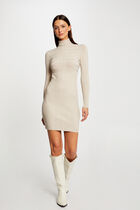 Knitted fitted dress with turtleneck sand women