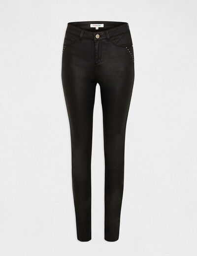 Slim trousers wet effect studs details black ladies'