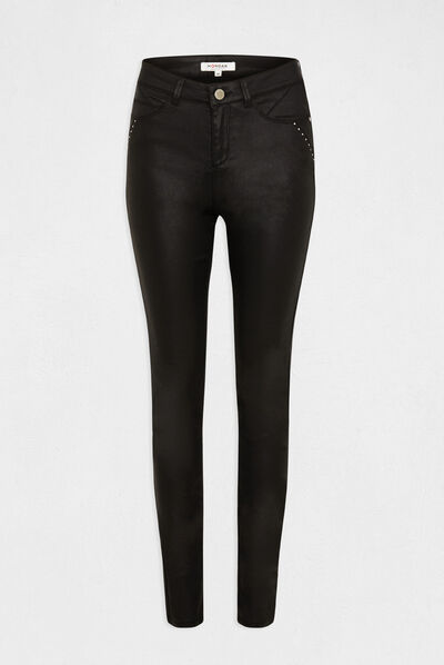 Slim trousers wet effect studs details black ladies'