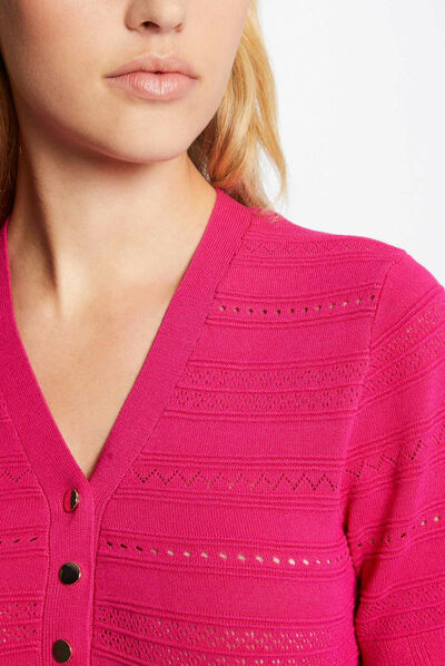 Short-sleeved jumper openwork details dark pink ladies'