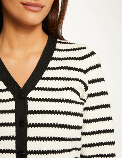 Buttoned stripped cardigan with V-neck ecru ladies'