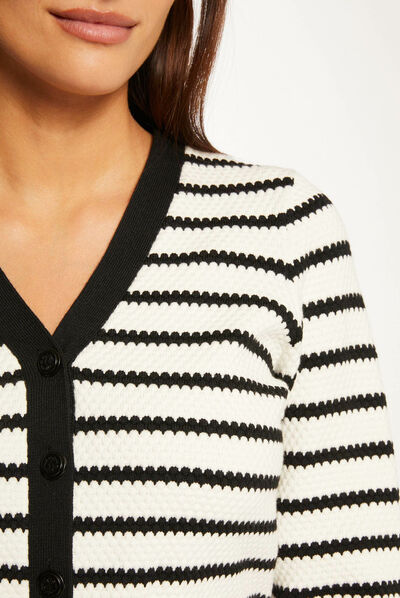 Buttoned stripped cardigan with V-neck ecru ladies'