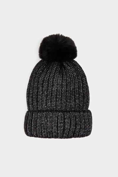 Beanie pom-pom and metallised threads black ladies'