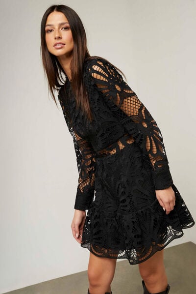 A-line dress in lace with ruffles black ladies'