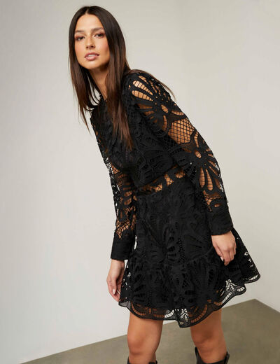 A-line dress in lace with ruffles black ladies'