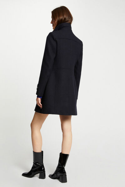 Straight coat faux leather details navy ladies'