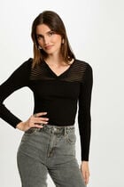 Ribbed jumper with V-neck black women