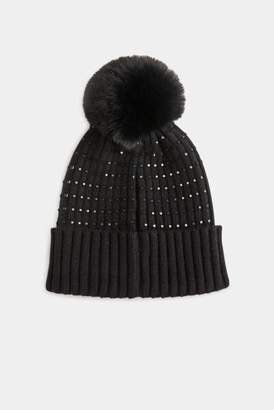 Beanie with rhinestones and pom-pom black ladies'
