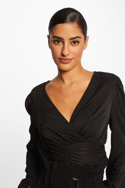 Long-sleeved t-shirt with shirring black ladies'