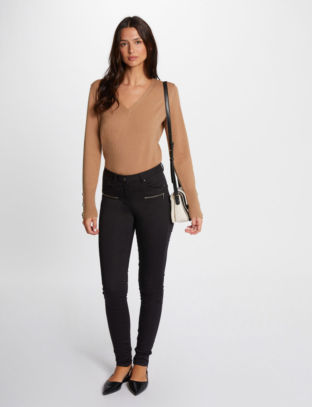 Pull manches longues col en V camel femme
