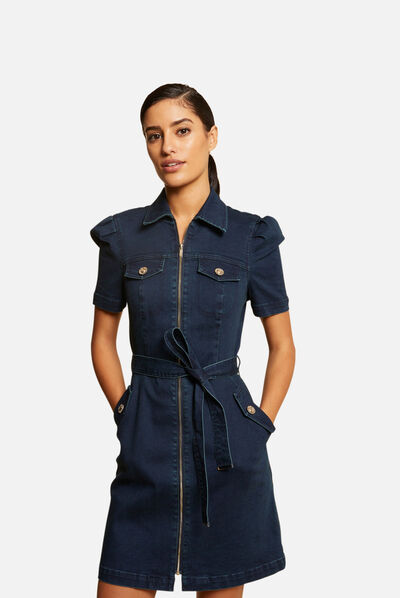 Straight belted zipped denim dress raw denim ladies'