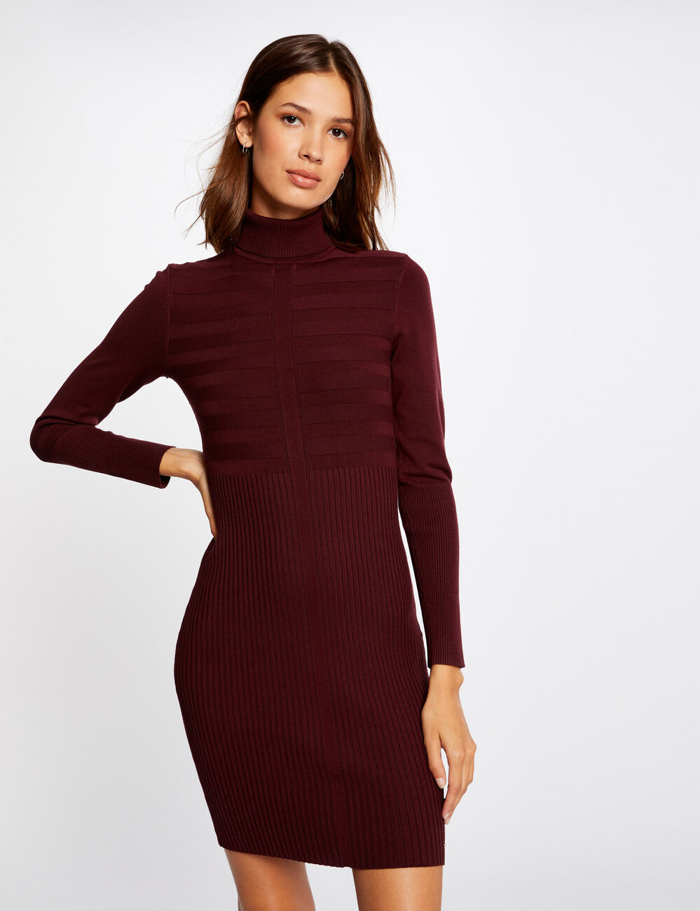 Knitted fitted dress with turtleneck dark purple women
