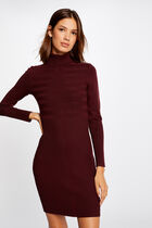Knitted fitted dress with turtleneck dark purple women