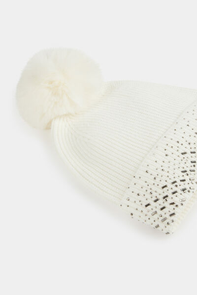 Beanie with rhinestones and pom-pom beige ladies'