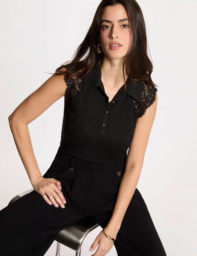 Lace t-shirt with turn-down collar black women