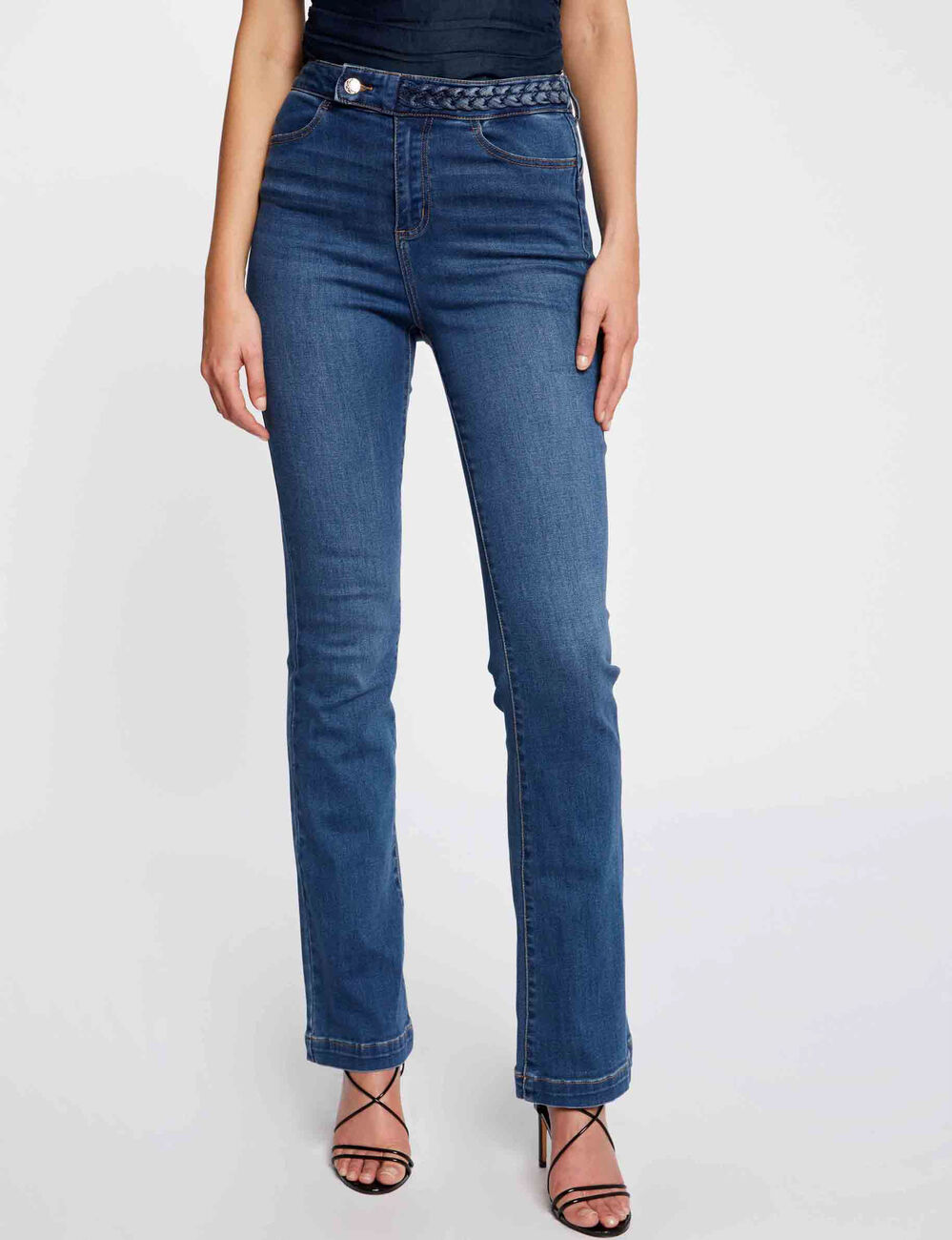 Straight jeans with braided details denim stone women