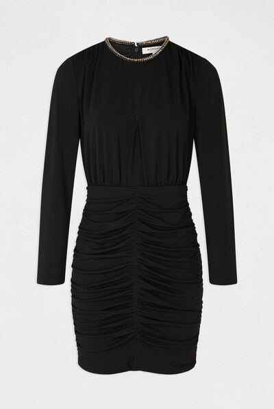 Shirred fitted dress jewelled collar black ladies'