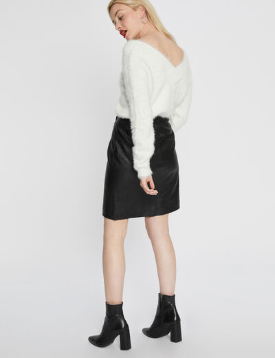 Fluffy knit jumper V-neck front and back ivory women