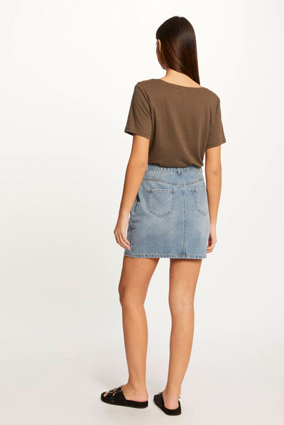 Belted straight denim skirt stone denim ladies'