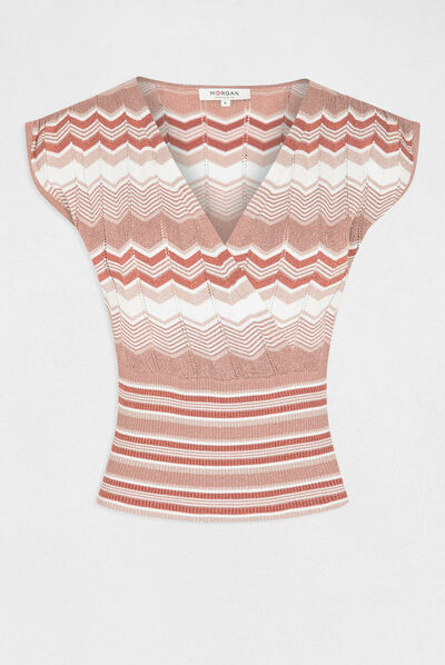 Short-sleeved jumper chevron print antique pink ladies'