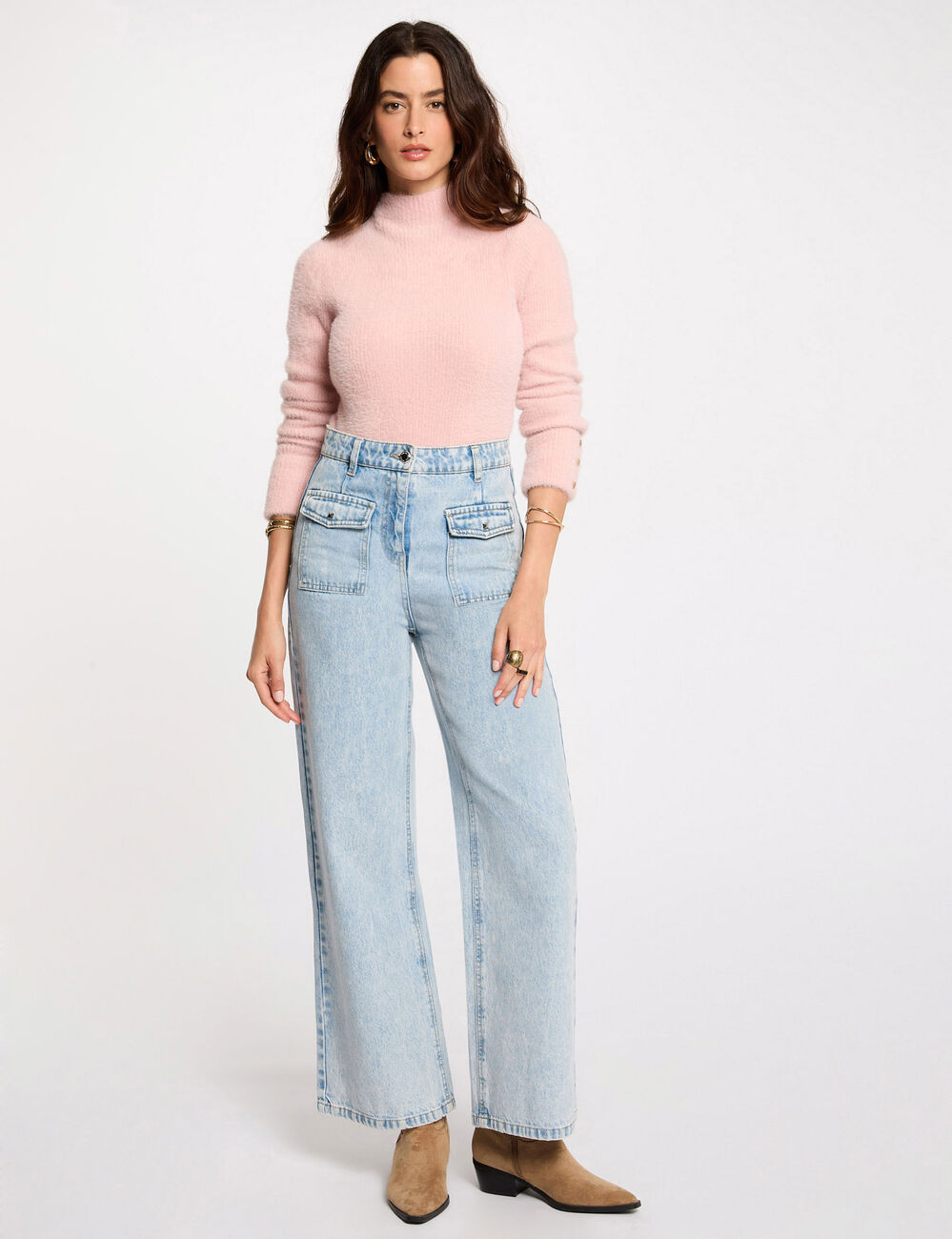 Long-sleeve fuzzy knit sweater light pink women