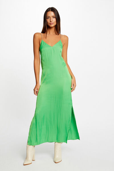 Maxi A-line satin dress with slit light green ladies'