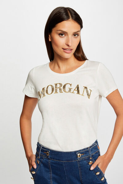 Short-sleeved t-shirt with message ecru ladies'