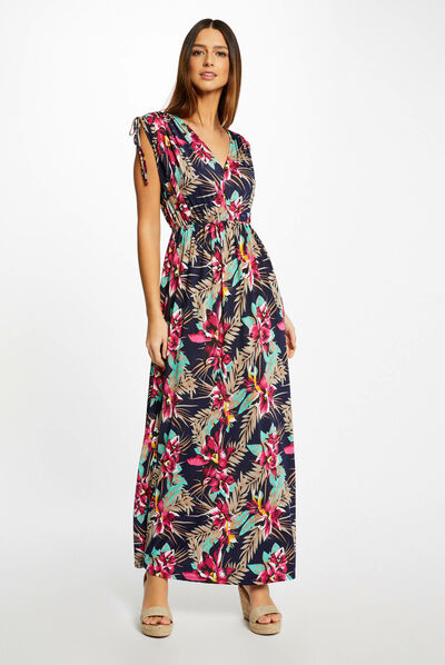 Maxi straight dress with floral print navy ladies'