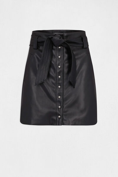 High-waisted belted straight skirt black ladies'