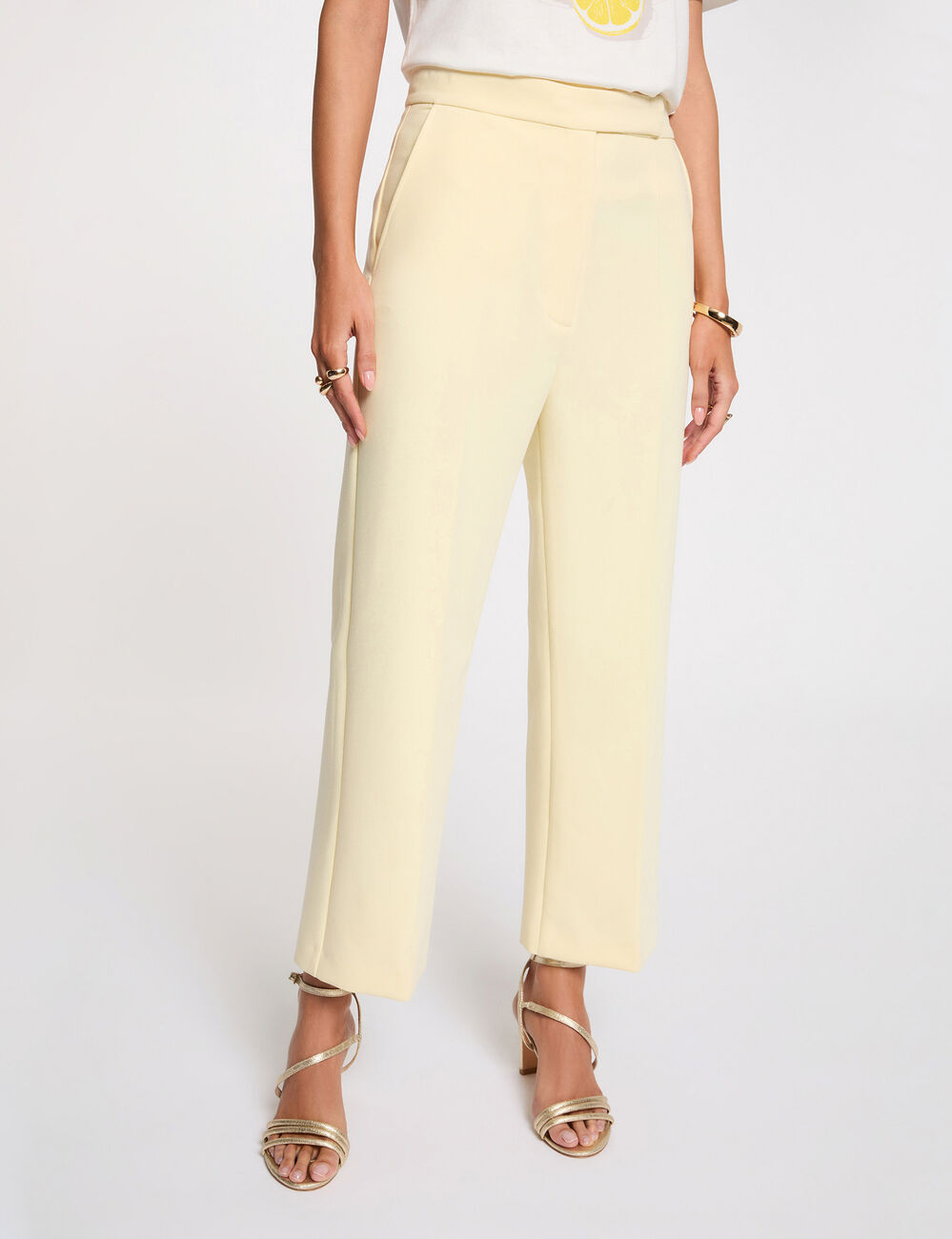 High-waisted straight trousers pastel yellow women
