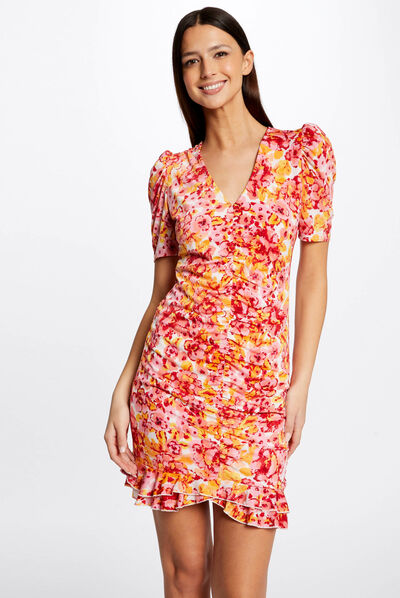 Shirred fitted dress floral print multico ladies'