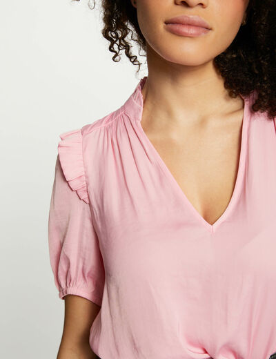 Blouse V-neck and ruffles medium pink ladies'