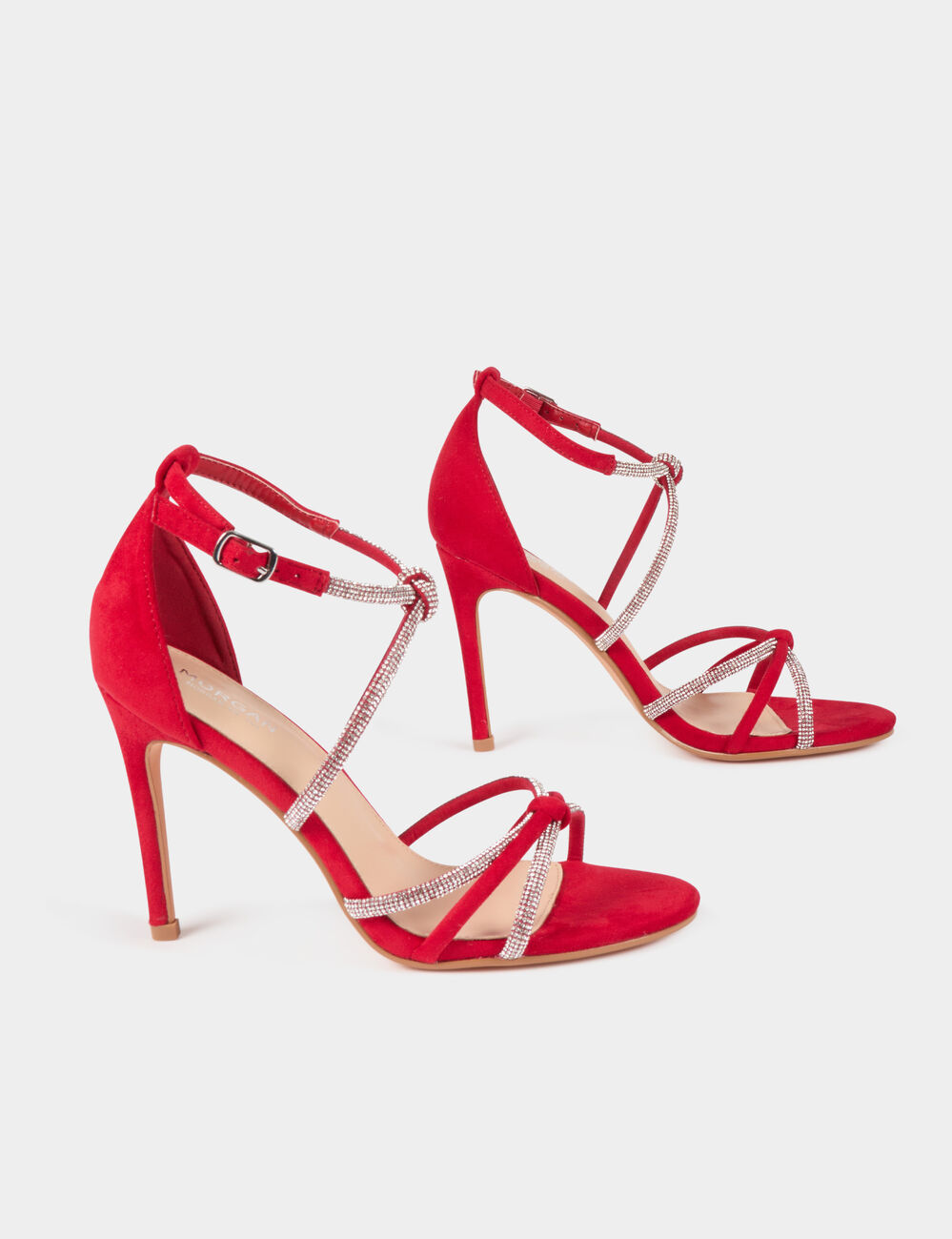 Sandals with heels and rhinestones red women