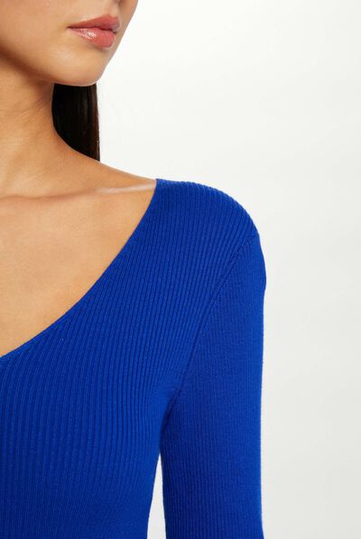 Long-sleeved jumper with V-neck electric blue ladies'