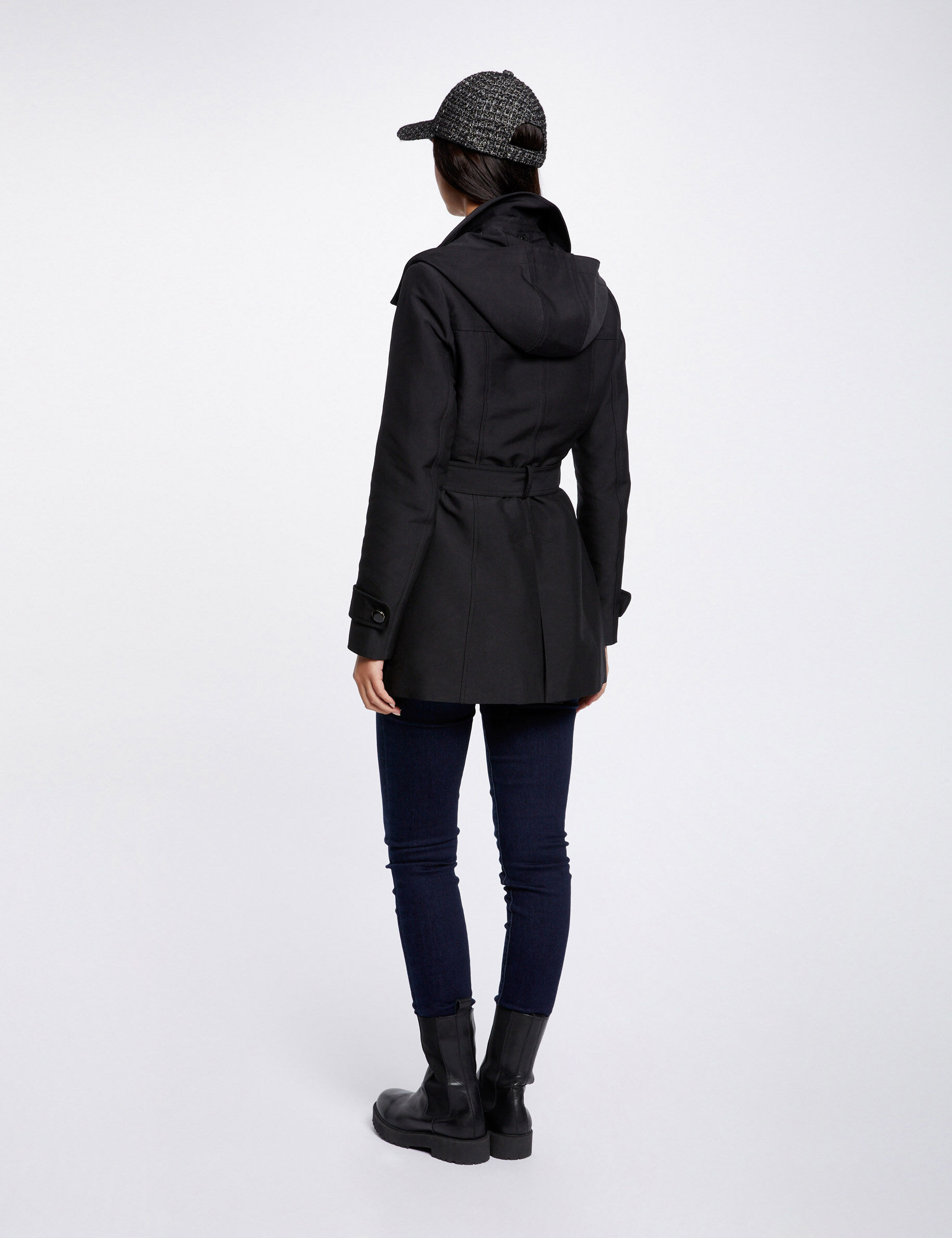 Waisted belted trenchcoat with hood black women | Morgan